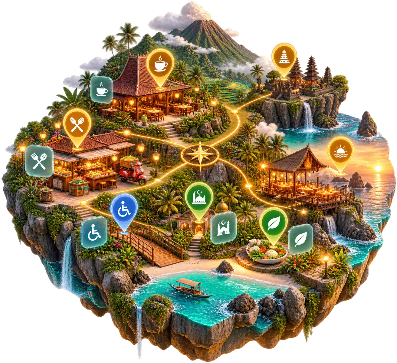 Ilustrasi pulau miniatur: pantai, air terjun, warung, dan bukit yang dihubungkan jalan setapak